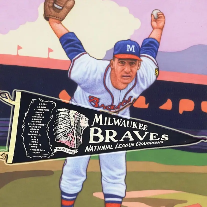 Rare 1958 Milwaukee Braves 29" Felt National League Champs Baseball Roster Pennant