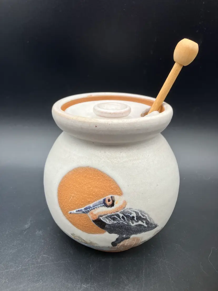 BIN - Studio Pottery Stoneware Honey Pot With Pelican at Sunset. Signed.