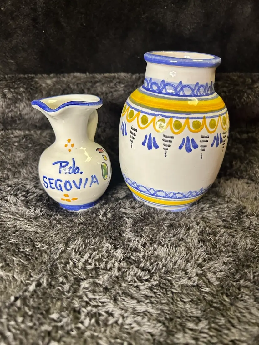 Traditional Spanish Talavera Small Vase And Mini Pitcher Blue Yellow Handpainted