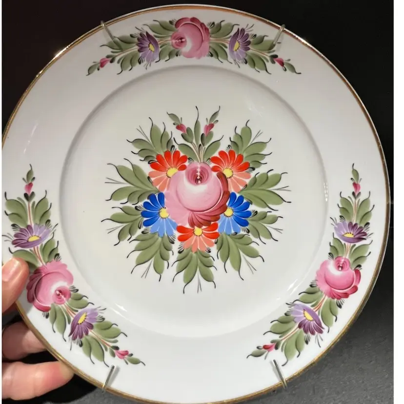 Hand-Painted- Beautiful Floral Wall Plate – 10.5” – Signed "L.R-ne – AJKA Hungary" – Gold Rim- Plate Hanger Included