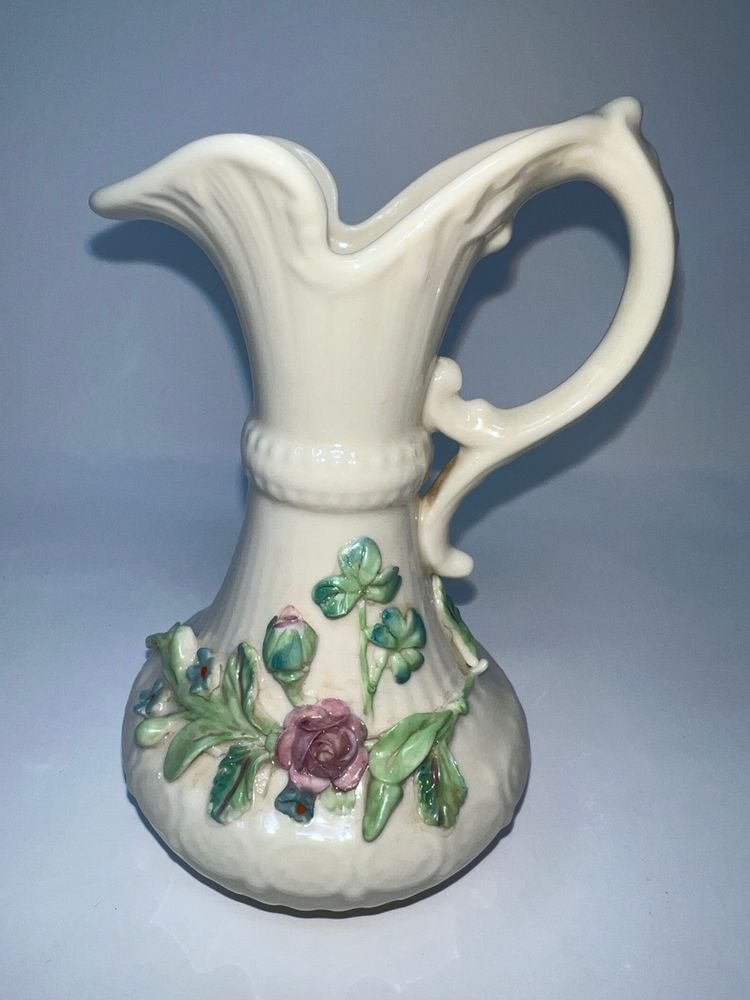 Irish Belleek Aberdeen Pitcher Vase Multicolor Floral Roses 6 In Tall Vintage