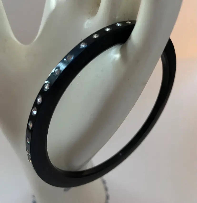 Thin Black Plastic Bangle With Rhinestones. 1/8β Wide-2.5β Opening