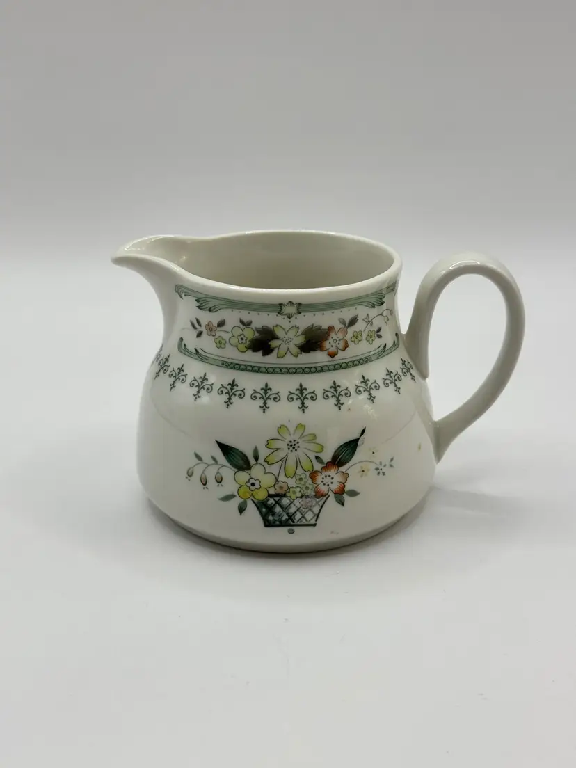 Vintage Provençal Pattern Floral Creamer Pitcher, Ceramic with Green and Brown Accents, Tableware, By Royal Doulton, Made In England, MPN TC1034