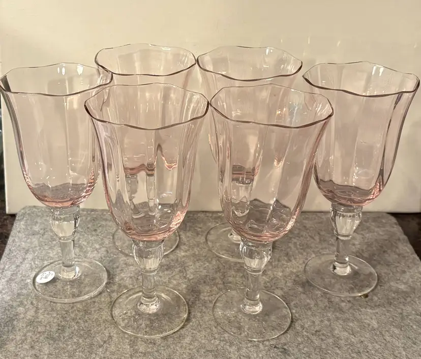 6 Light Pink and Clear 8.5" Hand Blown Fluted Crystal Gorham? Goblet   # 2771