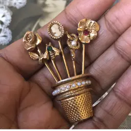 Vintage Gold eye Thimble and Stick Pins Potted Flowers Brooch/Pin