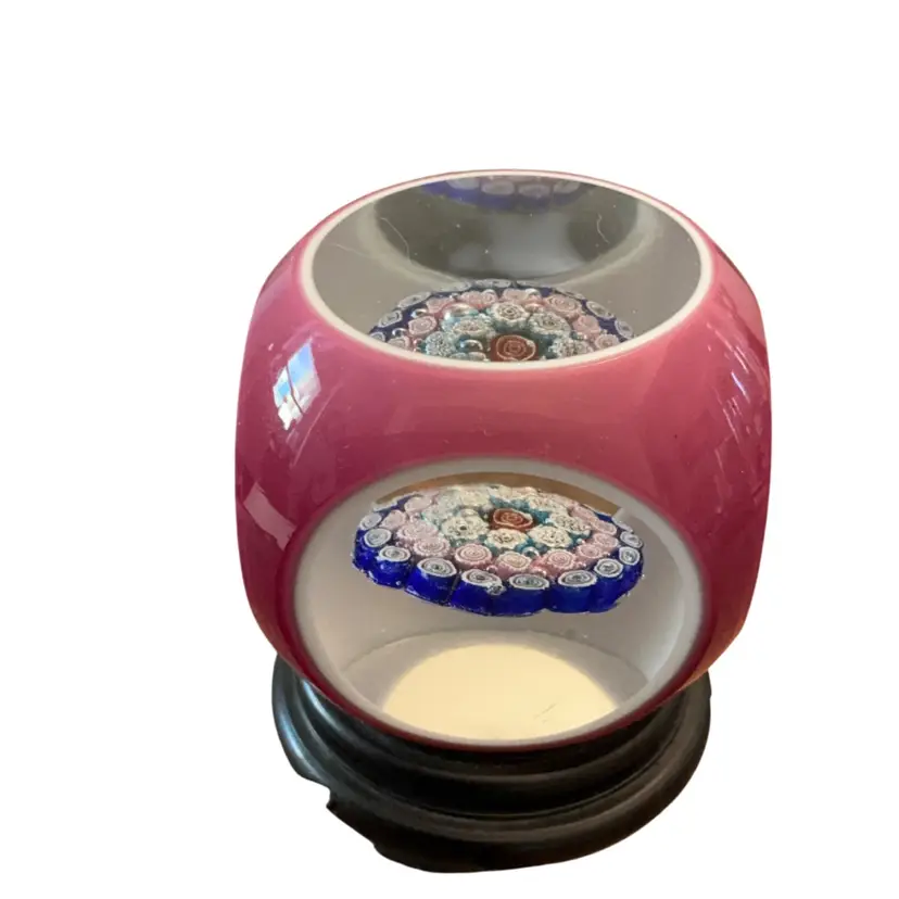 Koscherak Brothers Murano Italy Art Glass Double Overlay Pink Faceted Floating Millefiori Paperweight 2.5” X 2.5”