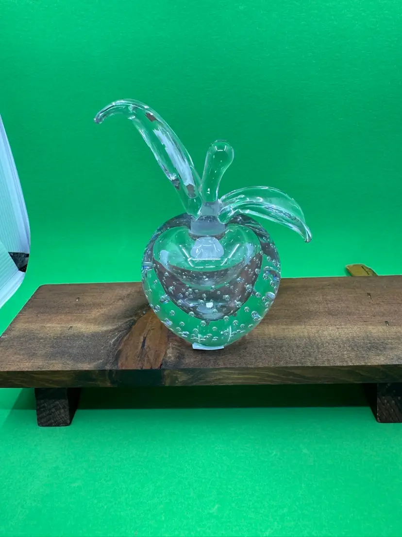 I W RICE, Apple Shaped, Crystal Perfume Bottle, 5", Partial Sticker On Base