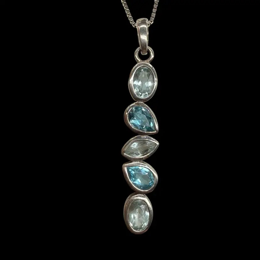 BOMA Blue Topaz And London Blue Topaz Multi Stone 925 Sterling Silver Bar Pendant Necklace 18”