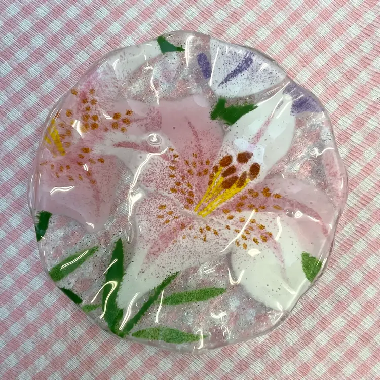 Anne C. Ross Fused Art Glass Lily Trinket Dish 4" Ruffled Edge Signed Vintage