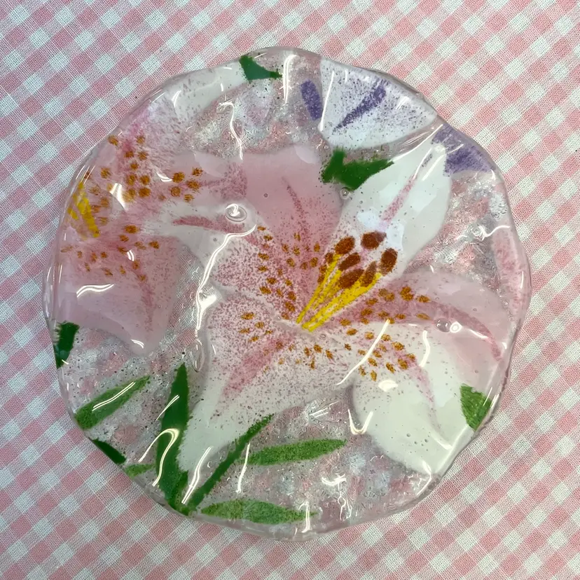 Anne C. Ross Fused Art Glass Lily Trinket Dish 4" Ruffled Edge Signed Vintage