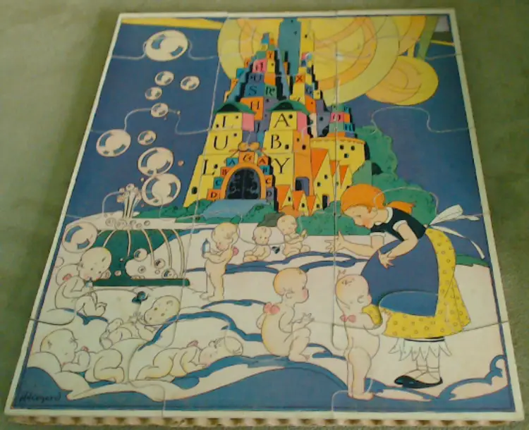 Vintage Hildegard Lupprian "Lullaby Land" Puzzle Set | Complete Double Puzzle Set | Illustrations of Blossom Riding the Stork and visiting the Nursery Castle Babies | ~c. 1930 Milton Bradley Made in USA