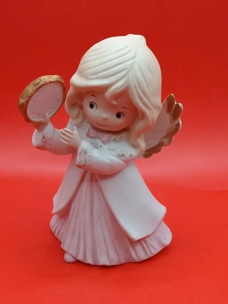 Adorable Vintage HOMCO Porcelain Bisque Pink Christmas Angel with Tambourine