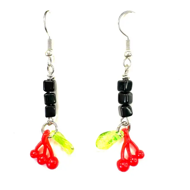 Vintage Cherry Leaf Charms Black Glass Bead Handmade Dangle Earrings Silver Tone 2” L Made By Me