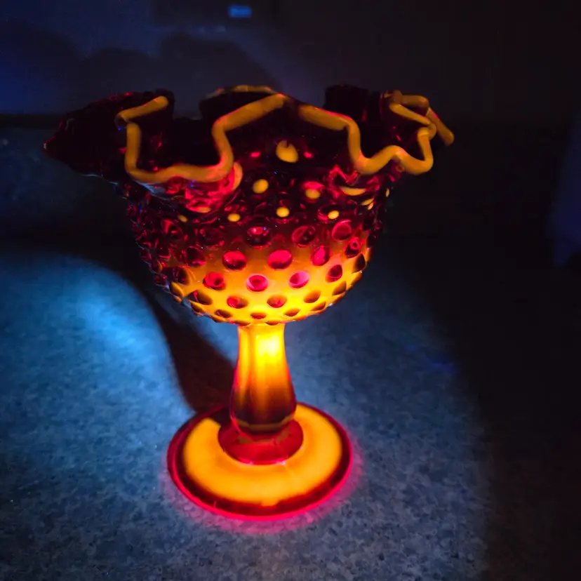 234  Fenton Ruby Hobnail Compote Crested Rim GLOWS VTG