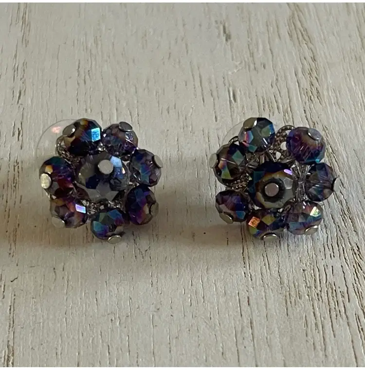 Vintage Iridescent Purple Pierced Crystal Cluster Earrings