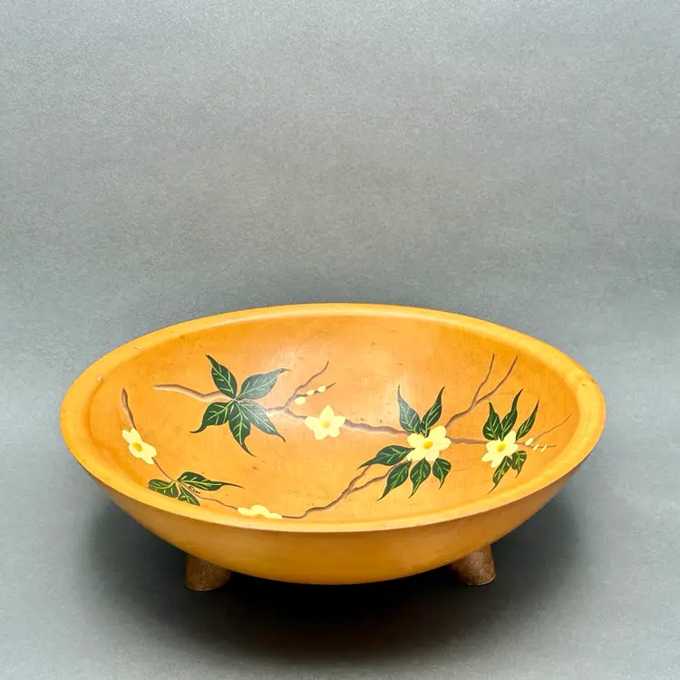 Vintage Munising Wood Products 3 Footed Display Serving Bowl With Hand Painted White Florals on Vines c. 1911-1955