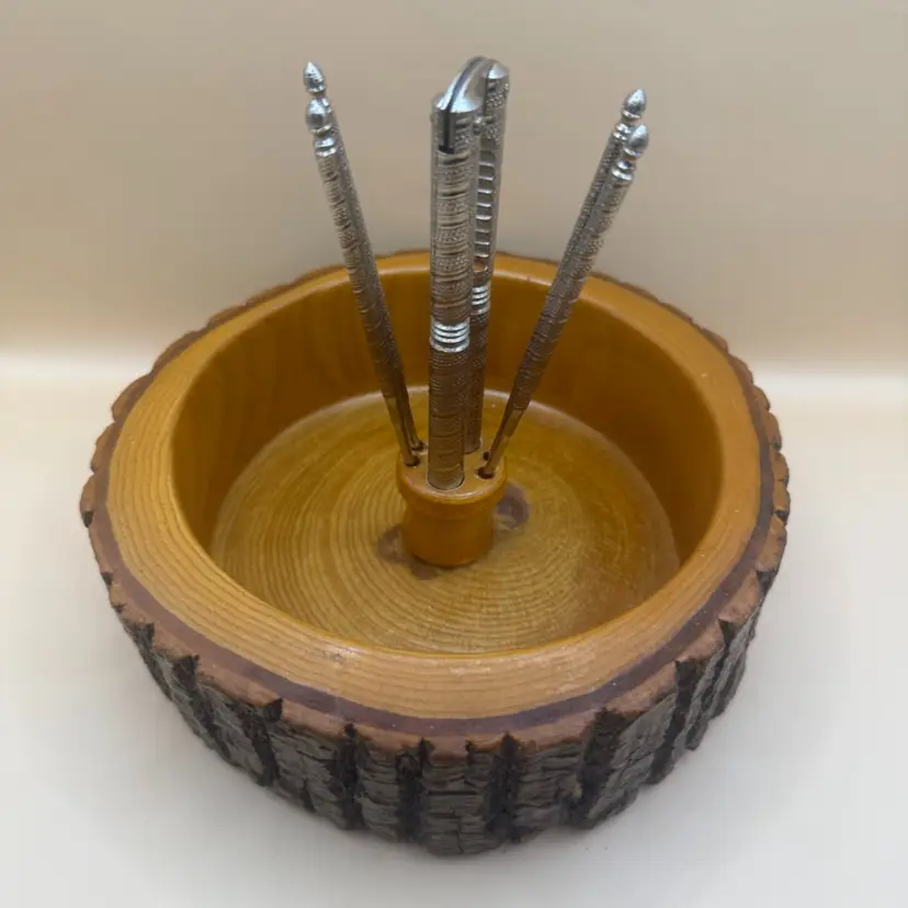 Live Edge Hand Crafted Vintage Turned Wood Nut Bowl 6.4x2.5” With Nut Cracker & Four Picks 5”