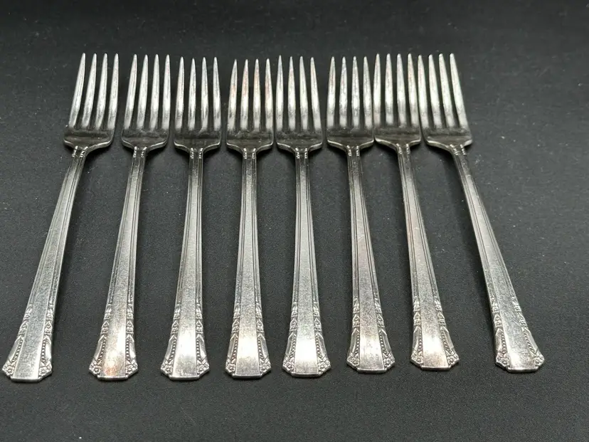 DEL MAR Dinner Forks 1881 Rogers Oneida Silverplate Art Deco Set of 8