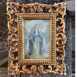 Image Of Our Lady Of Grace (3”h x 2”w) In Gold-Tone Metal Frame 5.25”h x 4.25”w. Hanger On Back. Unmarked.