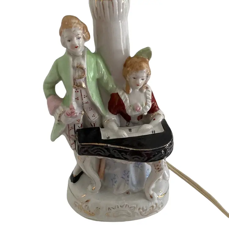 Vintage Porcelain Figurine Lovely Lamp With Couple At The Piano.  In Working Condition.