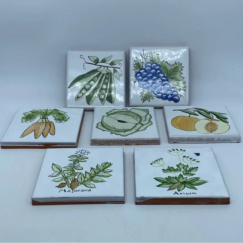 #2238 Set of seven handmade Tena Spain tiles: 5 fruits/vegetables and 2 herbs 4 Inch Square