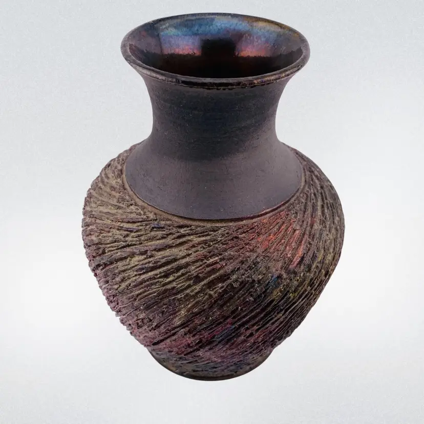 Raku Pottery Iridescent Vase Signed M Perry 2005 #135 Vintage