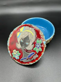 Vintage Fat Lava Glaze Girl Dish Italian Mid Century San Marino Pottery 1960s Enamel Fat Lava Italian Covered Dresser Dish Enamel Mod Girl