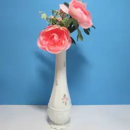 vintage floral milk glass swung vase 10 1/2" tall Westmoreland with pink flowers