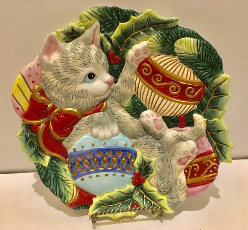 Fitz And Floyd Kitten Cat Plate 3D Ornaments Hand Crafted Tray Christmas Holiday