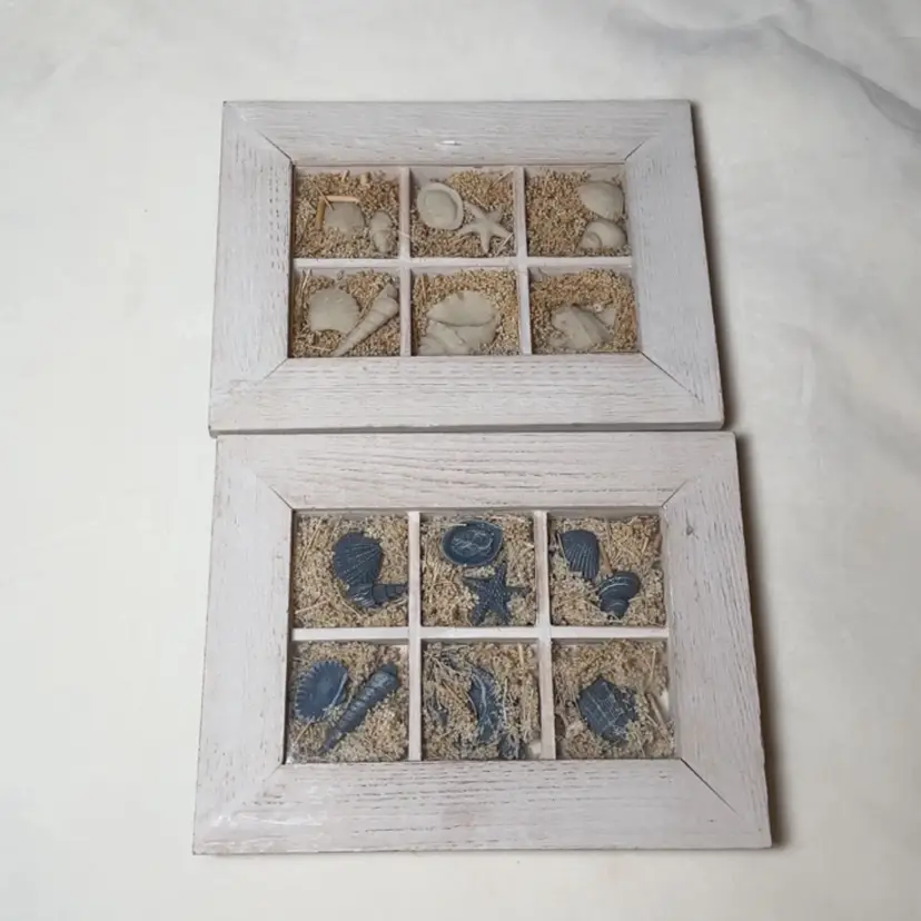 2PC Vintage Sea Shell Shadow Box Wall Art Wood Frame Nautical Beach Coastal
