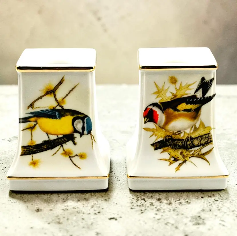Enesco Japan Taper Candle Stick Holders Parus Bird and European Goldfinch Vtg