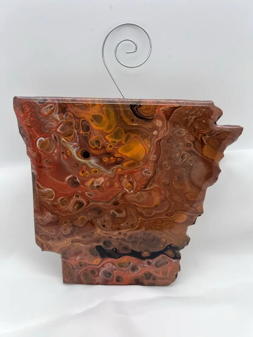 Original Artwork. Acrylic Pour Painted Arkansas Ornament Sealed With Resin.
