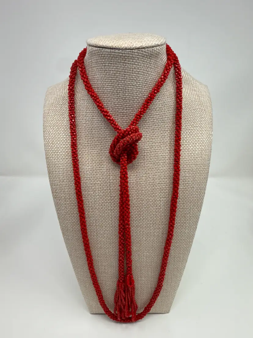 60” Red Seed Bead Tassel Necklace