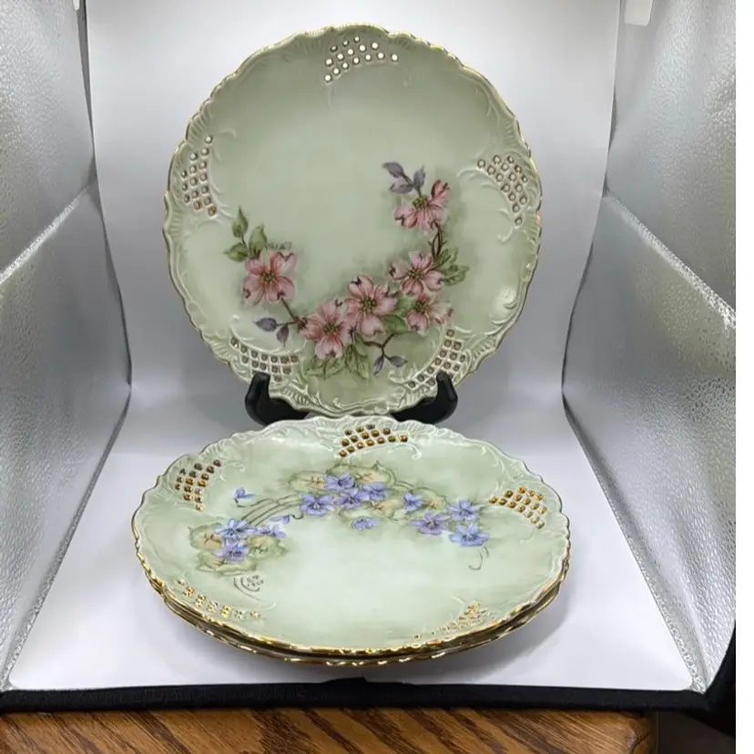 RS Germany Hand Painted Porcelain Plates Floral Design 8.25” Signed E. F. 1968