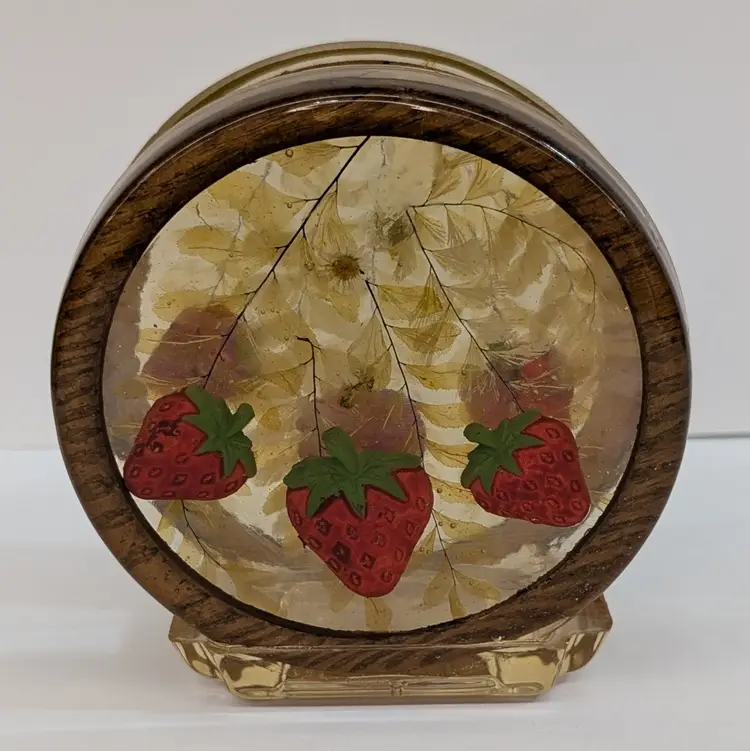Vintage Lucite Acrylic Napkin Holder Strawberry with Pressed Flowers Ferns Wood Cottagecore