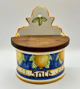 Vintage Italian Ceramic Fruit Lemon Pattern Salt Cellar with Hinged Lid, Hand Painted, Kitchen & Dining Decor, Unbranded, Made in Italy