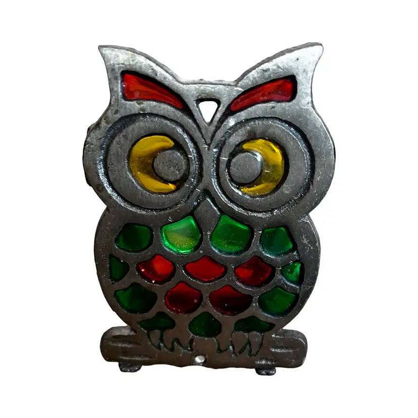 Vintage stained glass, dark and moody owl decor napkin holder cast iron