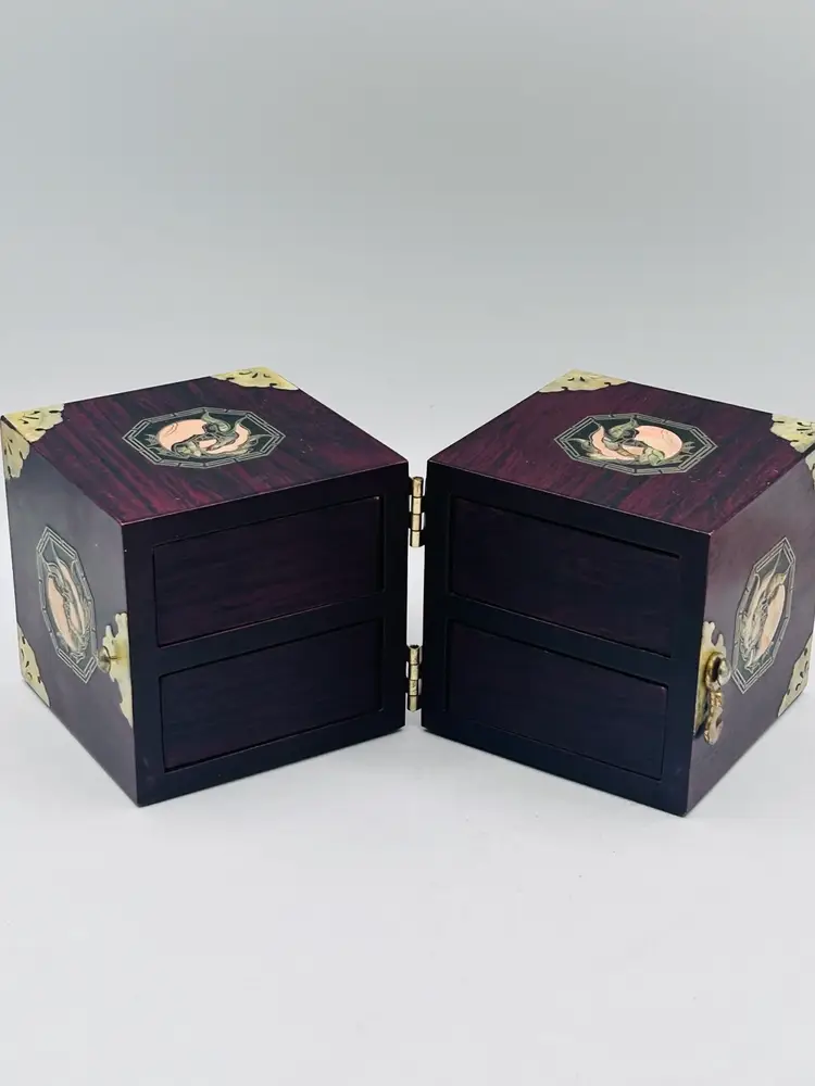 Jewelry Box Rosewood Inlaid Lacquer Mother of Pearl Trinket Folding 4 Drawers 6.5x3.5