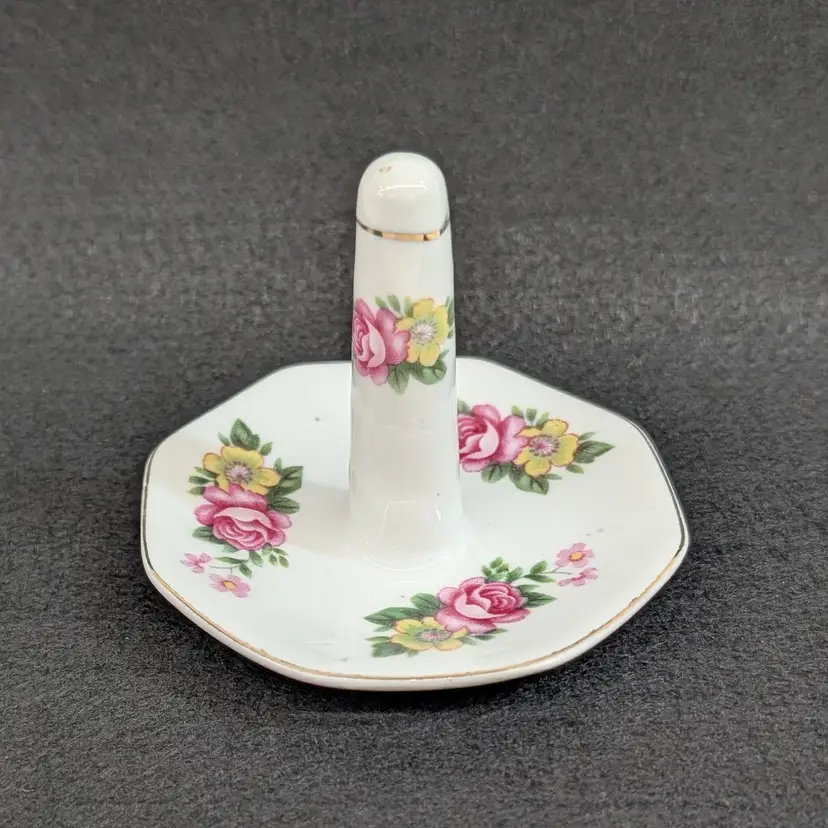 Vintage Porcelain Pink & Yellow Roses Floral Ring Jewelry Holder Gold Trim