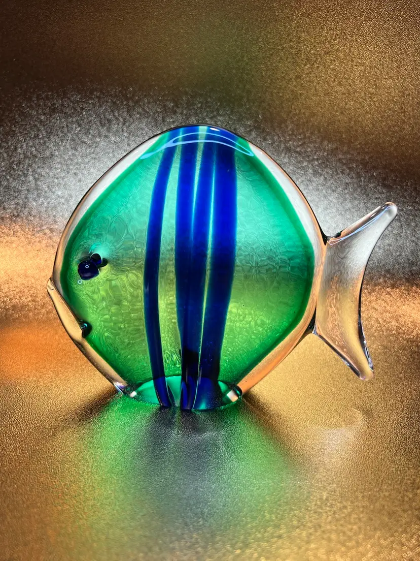 A Murano Glass Piece By Master Artists Mario Gambaro & Poggie ~ EXTREMELY RARE Italian Green Glass Fish Figurine Paperweight