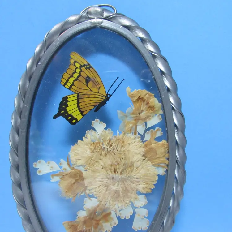 vintage oval pressed flowers and butterfly window decor suncatcher