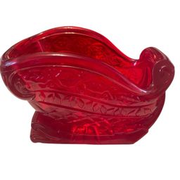 Vintage Sleigh Decoration Candy Dish Red Christmas Santa Heavy Molded Plastic 5"