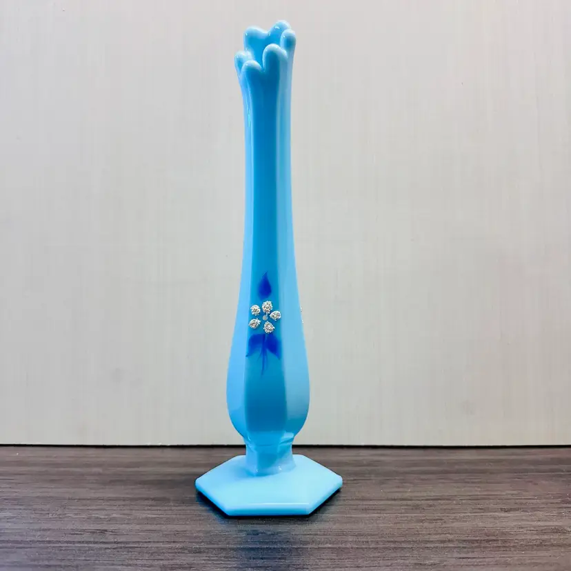 Vintage Blue Slag Glass Swung Bud Vase White Flowers
