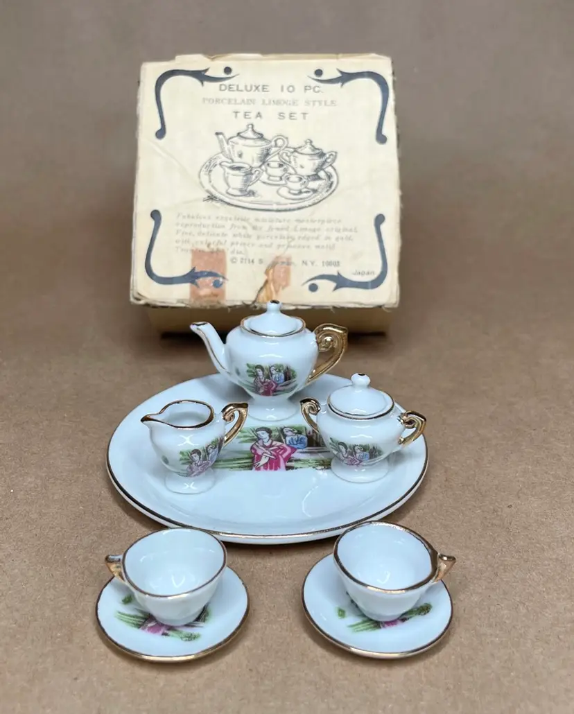 Vintage Miniature Porcelain Children's Doll House 10Pc Tea Set In Original Box Japan