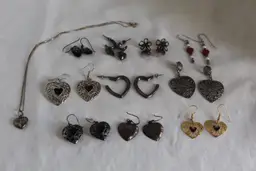 Heart Costume Jewelry Lot - 9 sets pierced earrings  1 Necklace