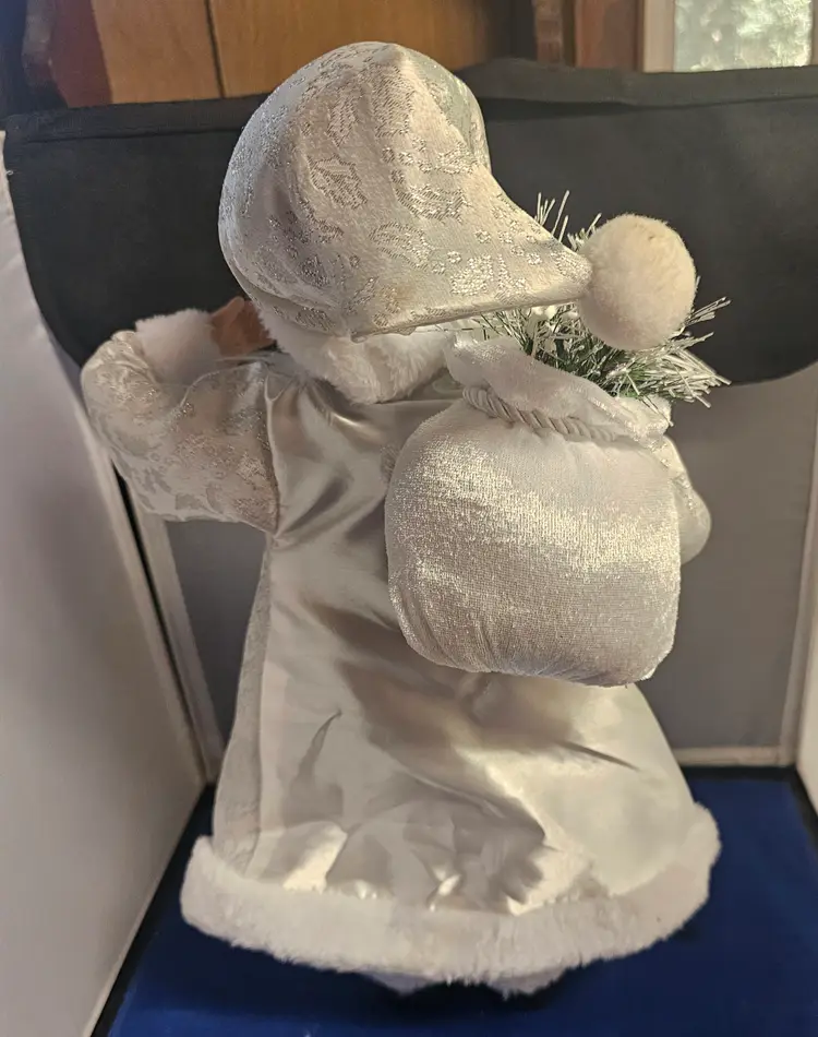 Vintage 16” Standing Santa Holding a Sack Wearing a White Jacket & Gray Vest