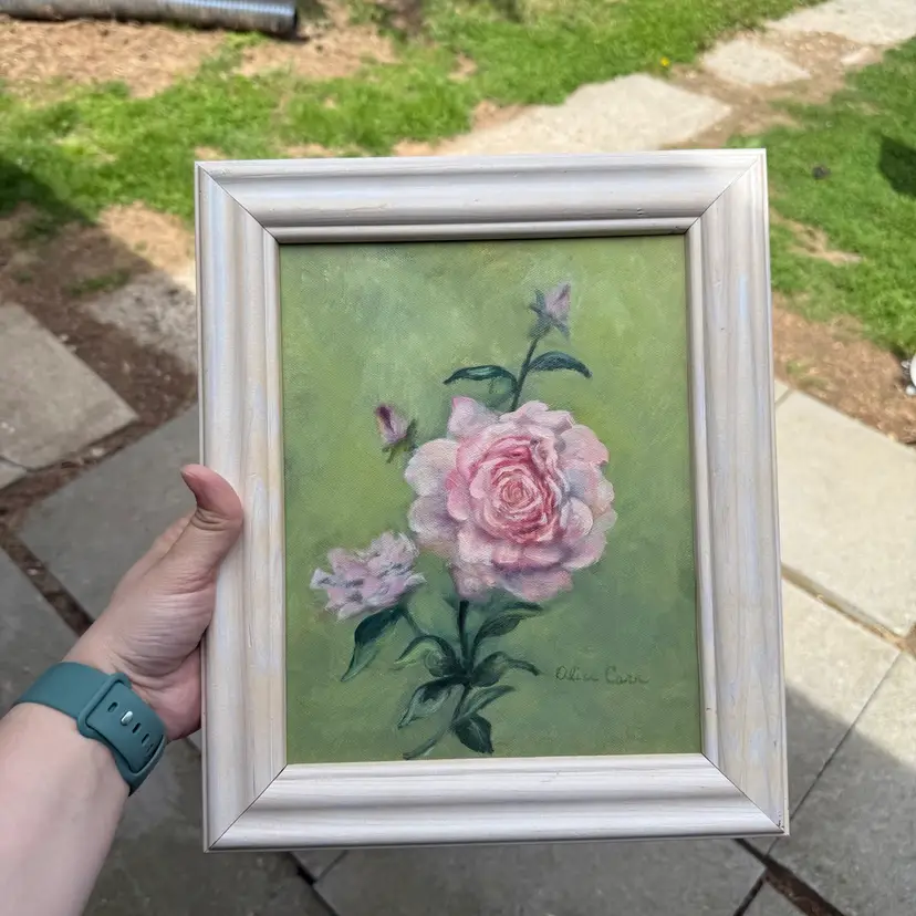 Hand Painted Green 12x10 Floral Flower Rose Signed Cottagecore Farmhouse Canvas