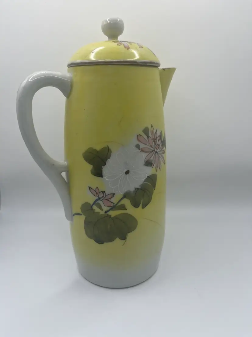 Antique Japanese Teapot Signed Yellow With Floral Hand Painted