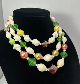 Vintage 3 String Multi Color and White Plastic Beads Hook Closure Necklace 13" Top Strand