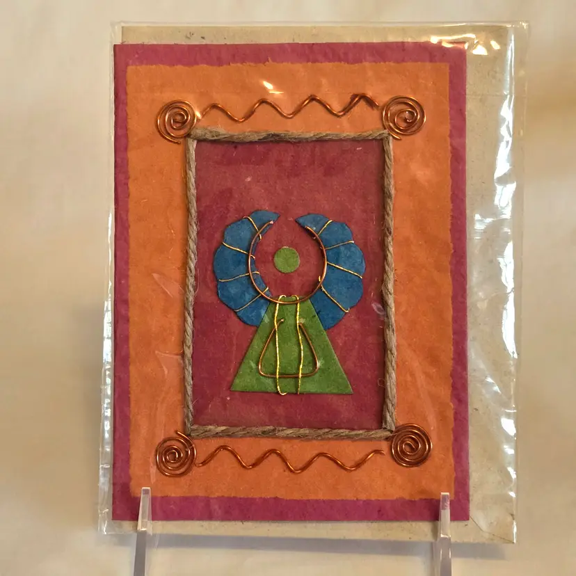 Greeting Card Angel Ephemera Copper Wire, Twine, 3D Handmade Art on Color Paper 5"×6½"